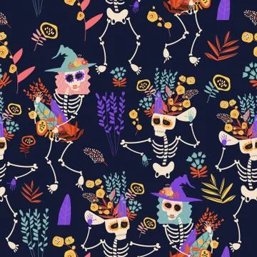 Seamless pattern with skeletons and flowers. Happy crazy Halloween Illustrazione stock