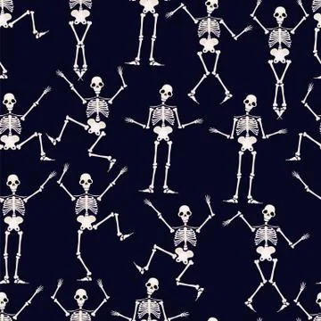 Seamless pattern. Skeletons dancing at a party. Human skeletons in various poses Stock Illustration