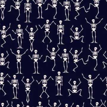 Seamless pattern. Skeletons dancing at a party. Human skeletons in various poses Stock Illustration