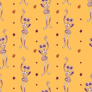Seamless pattern with skeletons dancing at a party. Skeletons in various poses. Illustrazione stock