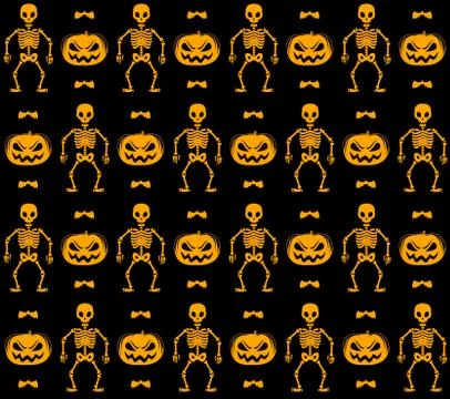 Seamless pattern with skeletons, pumpkins and bats Illustrazione stock