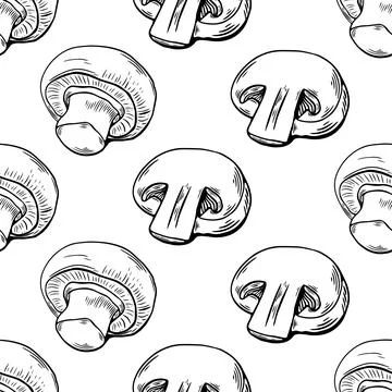 Seamless pattern, sketch of champignon mushroom,cut, piece engraving . blac.. Stock Illustration
