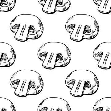 Seamless pattern, sketch of champignon mushroom,cut, piece engraving . blac.. Stock Illustration