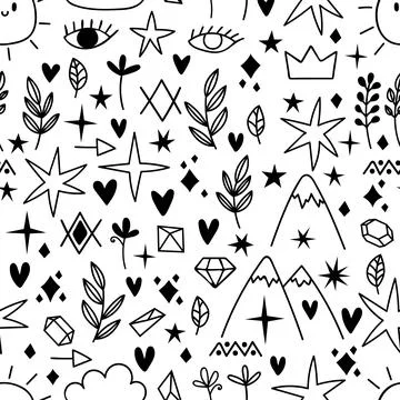 Seamless pattern with sketch design elements. Hand drawn doodles. Scandinav.. イラスト素材