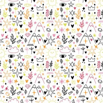 Seamless pattern with sketch design elements. Scandinavian style. Hand draw.. 库存插图