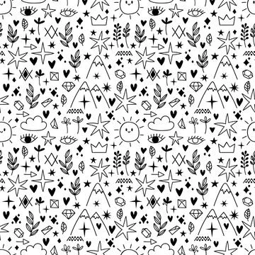 Seamless pattern with sketch design elements. Tattoo samples. Scandinavian .. Illustrazione stock