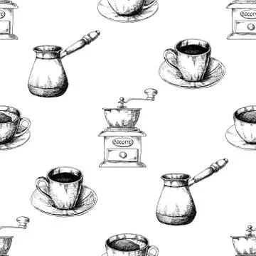 Seamless pattern. Sketch the different cups of coffee, coffee pots Stock Illustration