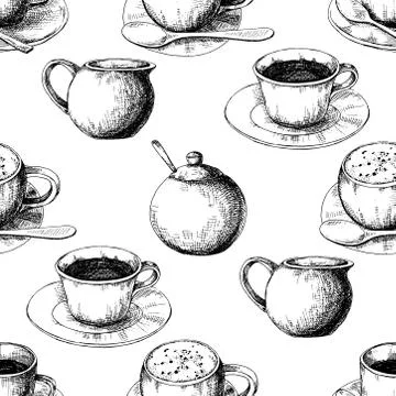 Seamless pattern. Sketch the different cups of coffee, coffee pots Stock Illustration