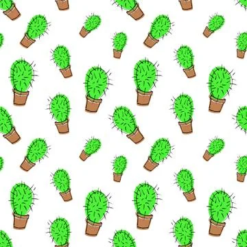 Seamless pattern of sketch doodle cactus in flat cartoon colors Stock Illustration
