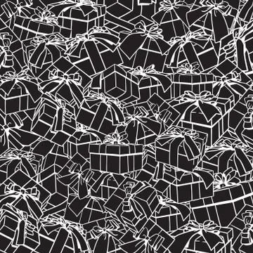 Seamless Pattern With Sketch Gift Boxes, Bows And Ribbons On Black Background Illustrazione stock