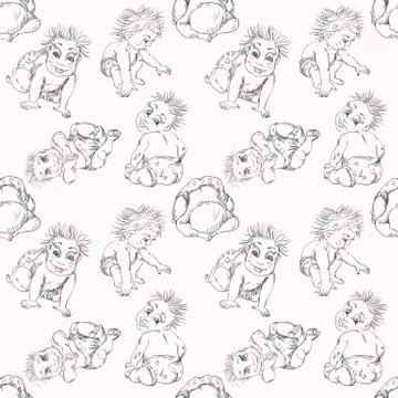 Seamless pattern of a sketch of an infant different pose of children Stock Illustration