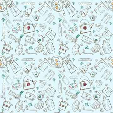 Seamless pattern sketch for kitchen accessories and food blue background Stock Illustration