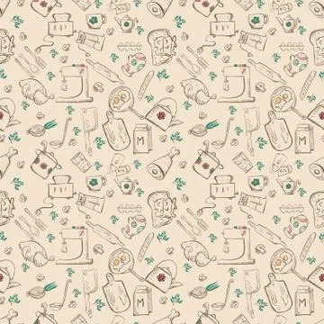 Seamless pattern sketch for kitchen accessories and food Stock Illustration