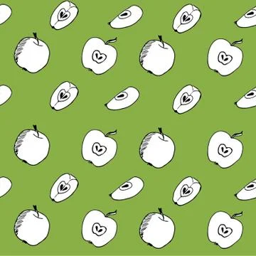 Seamless pattern - sketch whole apples and apple slices on a green background Stock Illustration