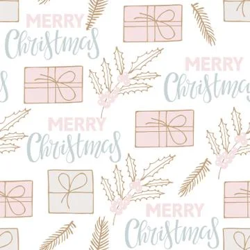 Seamless pattern with sketched Christmas elements. Gift boxes, text, evergreen Stockillustratie