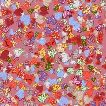 Seamless pattern of sketched hearts in various designs pink background Stock Illustration