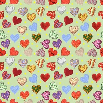 Seamless pattern of sketched hearts in various designs green background Stock Illustration