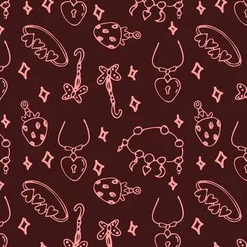 Seamless pattern of sketches various female jewerly on dark background Stock Illustration