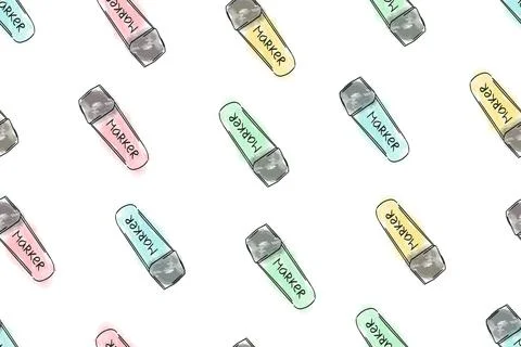 Seamless pattern sketching markers for learning with watercolor paints on a.. Stock Illustration