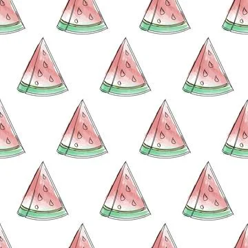 Seamless pattern sketching of a piece of watermelon with watercolor paints Stock Illustration