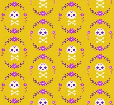 Seamless pattern with skull and bones surrounded by a wreath of flowers Stock Illustration