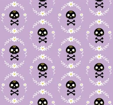 Seamless pattern with skull and bones surrounded by a wreath of flowers Stock Illustration