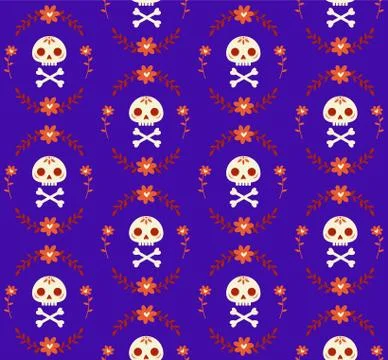 Seamless pattern with skull and bones surrounded by a wreath of flowers Stock Illustration