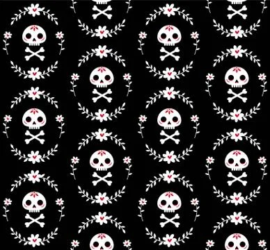 Seamless pattern with skull and bones surrounded by a wreath of flowers Stock Illustration