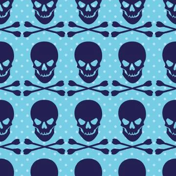 Seamless pattern with skull and crossbones on blue dotted background Stock Illustration