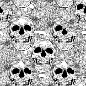 Seamless pattern with skull and with magnolia flower in background. Vector il Stock Illustration
