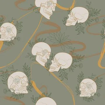 Seamless Pattern with skull and plant Stock Illustration