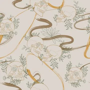 Seamless Pattern with skull and plant Stock Illustration