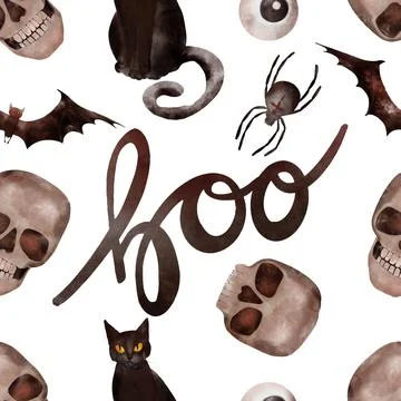 Seamless pattern with a skull, a black cat and the inscription BOO. Watercolor Stock Illustration