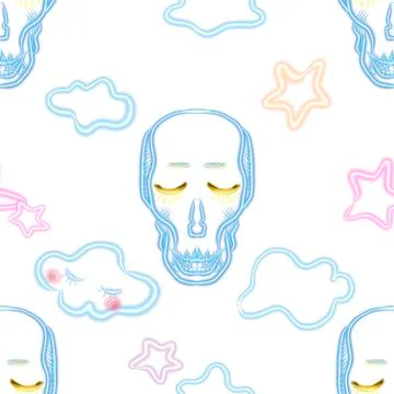 Seamless pattern. Skull with clouds and stars Stock Illustration