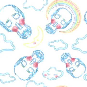 Seamless pattern. skull with clouds, rainbow and a moon. 스톡 일러스트