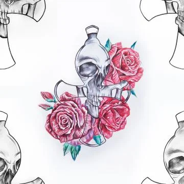 Seamless pattern skull with flowers on a white background. Illustrazione stock