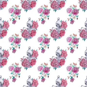 Seamless pattern skull with flowers on a white background. Stock Illustration