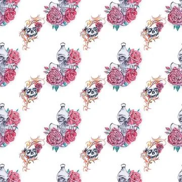 Seamless pattern skull with flowers on a white background. Illustrazione stock