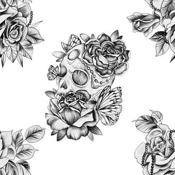 Seamless pattern skull in flowers on a white background. Stock Illustration