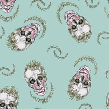 Seamless pattern. skull with makeup and green embroideries Stock Illustration