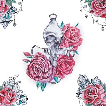 Seamless pattern skull in red roses on a white background. Stock Illustration