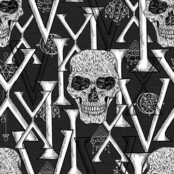 Seamless pattern with skull, roman numeral and evil symbols on texture.  Myst Stock Illustration
