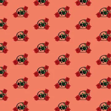 Seamless pattern skull with rose design on orange background Illustrazione stock