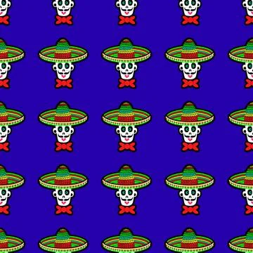 Seamless pattern with a skull in a sombrero hat Stock Illustration