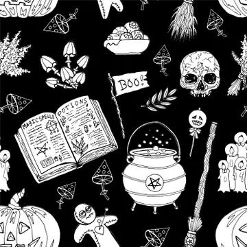 Seamless pattern with skull, witch cauldron, mushrooms, voodoo doll Illustrazione stock