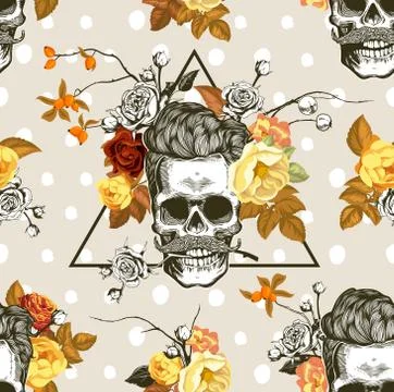 Seamless pattern with the skulls and autumn flowers Stock Illustration