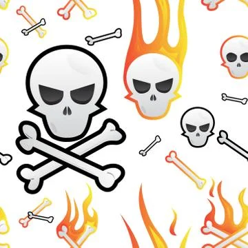 Seamless pattern with skulls and bones in fire. Vector illustration. Stockillustratie