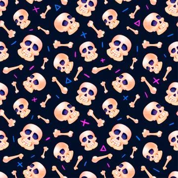 Seamless pattern with skulls and bones on dark Stock Illustration