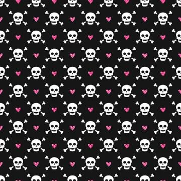 Seamless pattern with skulls and glittering hearts. イラスト素材