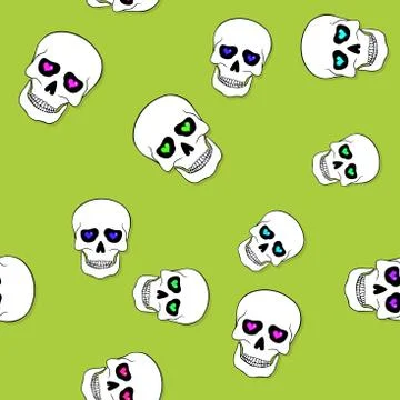 Seamless pattern with skulls and hearts on green Illustrazione stock
